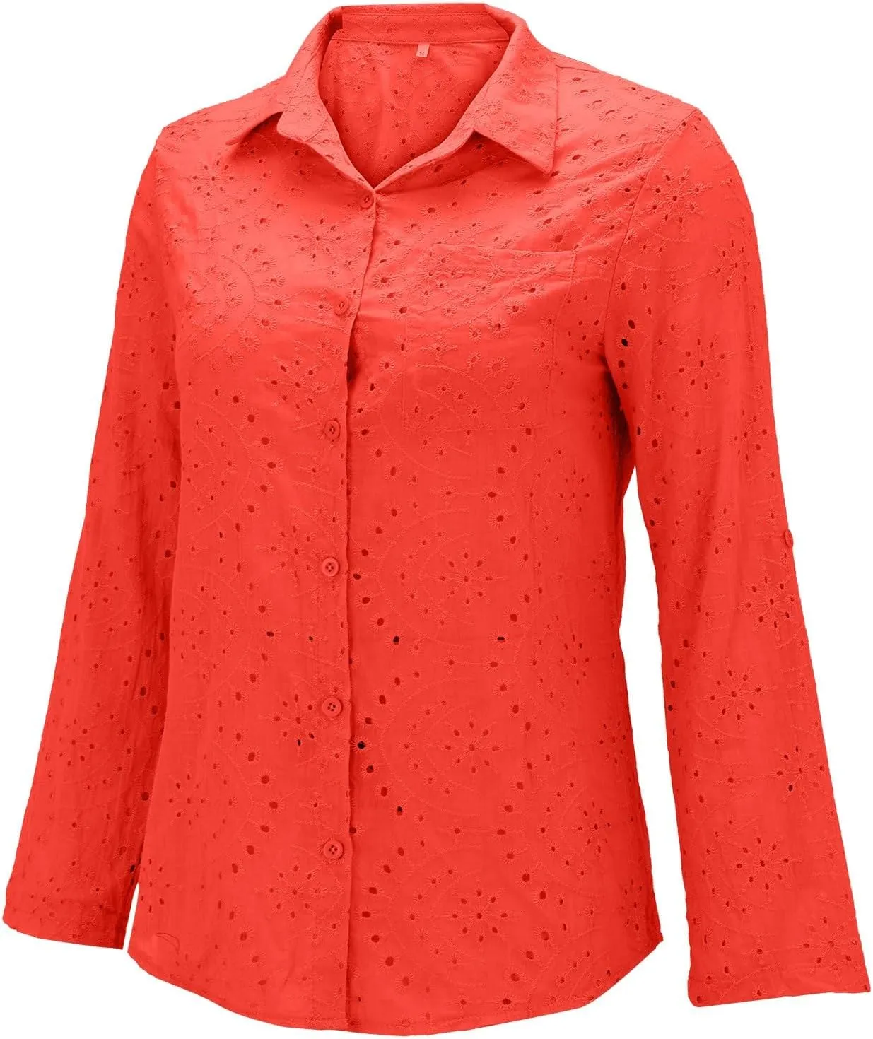 Women Button Down Shirts Summer Long Sleeve Hollow Out Lace Embroidered Blouse Casual Eyelet V Neck Cotton Linen Shirt Tops