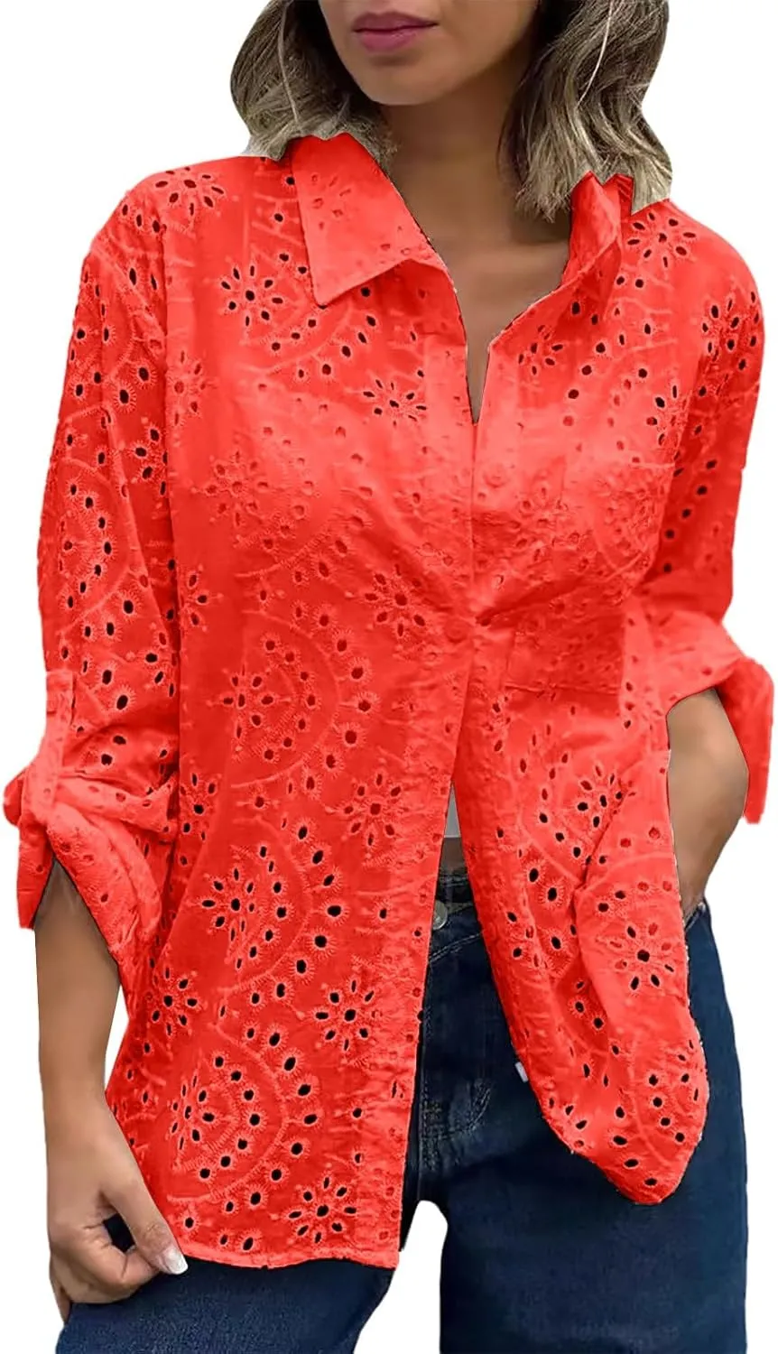 Women Button Down Shirts Summer Long Sleeve Hollow Out Lace Embroidered Blouse Casual Eyelet V Neck Cotton Linen Shirt Tops
