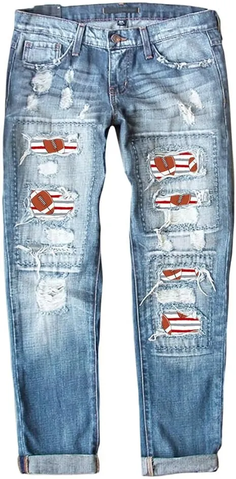 Women Distressed Ripped Jeans Raw Hem Washed Boyfriend Jeans Plaid Patch Straight Leg Denim Pants Stretch Skinny Jean