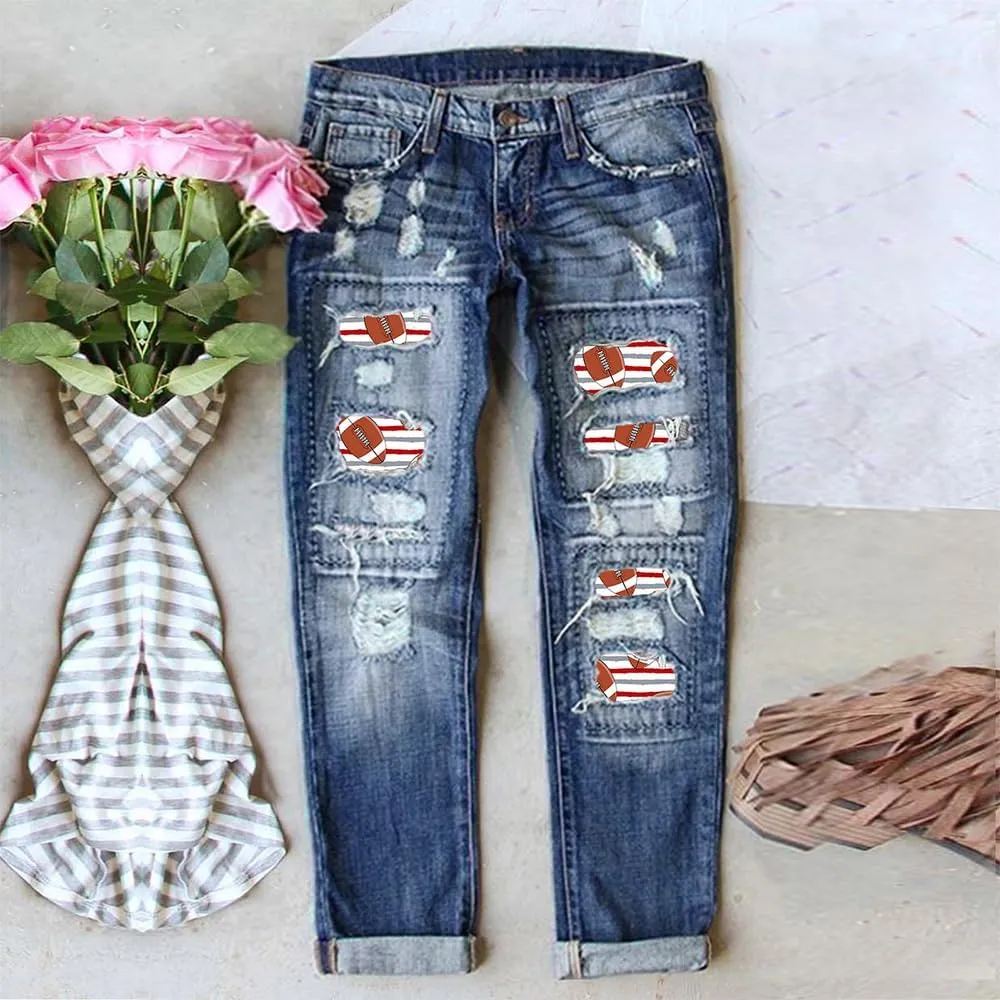 Women Distressed Ripped Jeans Raw Hem Washed Boyfriend Jeans Plaid Patch Straight Leg Denim Pants Stretch Skinny Jean