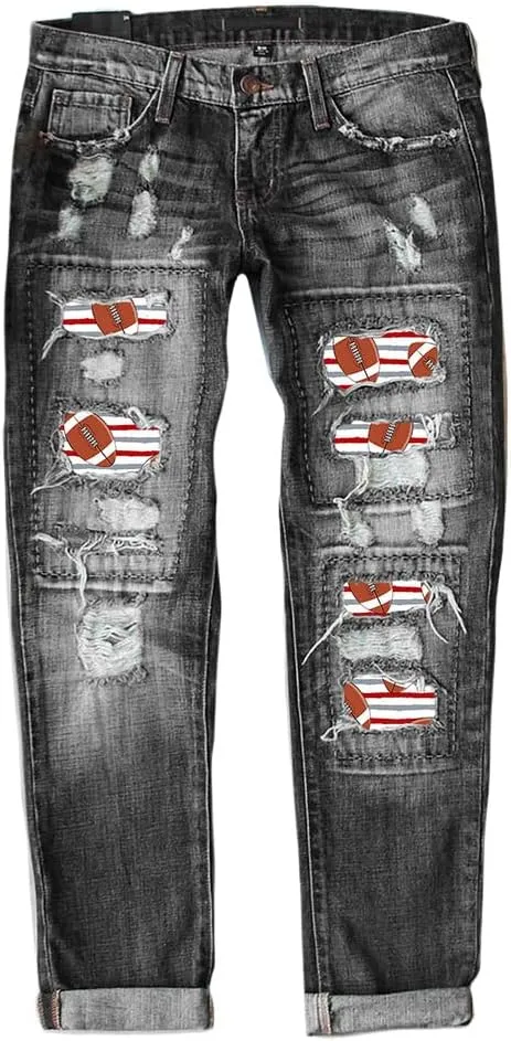 Women Distressed Ripped Jeans Raw Hem Washed Boyfriend Jeans Plaid Patch Straight Leg Denim Pants Stretch Skinny Jean