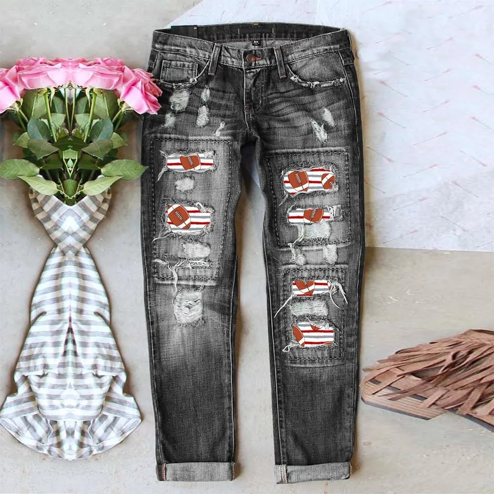 Women Distressed Ripped Jeans Raw Hem Washed Boyfriend Jeans Plaid Patch Straight Leg Denim Pants Stretch Skinny Jean