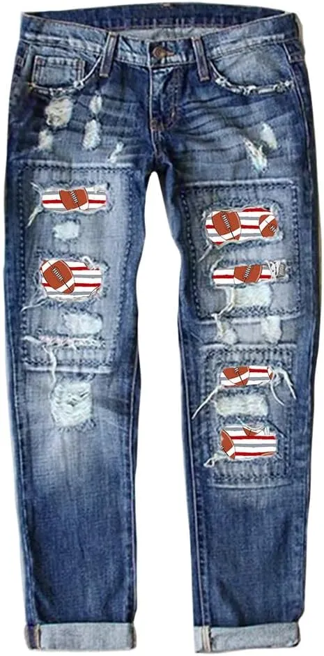 Women Distressed Ripped Jeans Raw Hem Washed Boyfriend Jeans Plaid Patch Straight Leg Denim Pants Stretch Skinny Jean