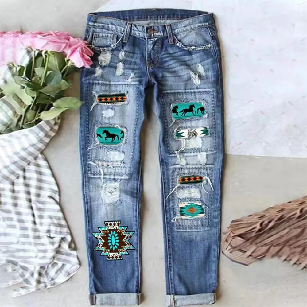 Women Distressed Ripped Jeans Raw Hem Washed Boyfriend Jeans Plaid Patch Straight Leg Denim Pants Stretch Skinny Jean