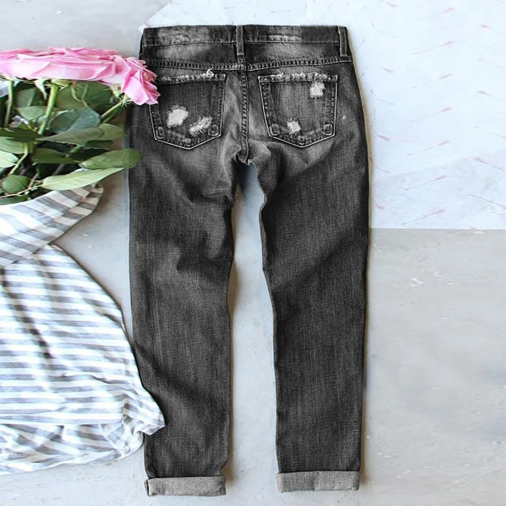 Women Distressed Ripped Jeans Raw Hem Washed Boyfriend Jeans Plaid Patch Straight Leg Denim Pants Stretch Skinny Jean