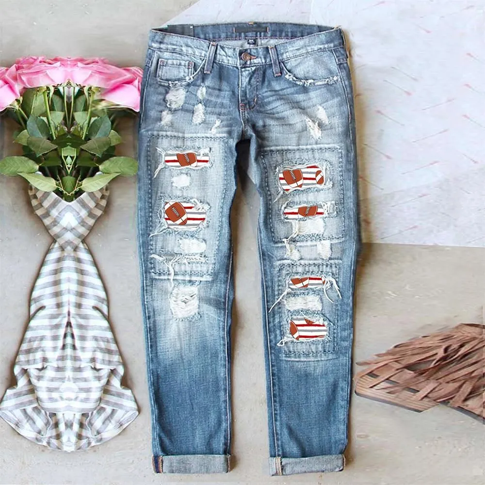 Women Distressed Ripped Jeans Raw Hem Washed Boyfriend Jeans Plaid Patch Straight Leg Denim Pants Stretch Skinny Jean