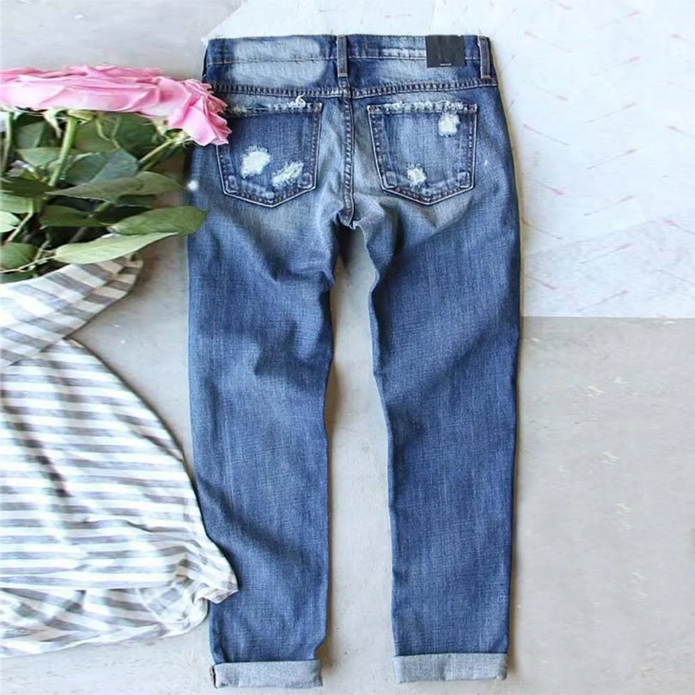 Women Distressed Ripped Jeans Raw Hem Washed Boyfriend Jeans Plaid Patch Straight Leg Denim Pants Stretch Skinny Jean