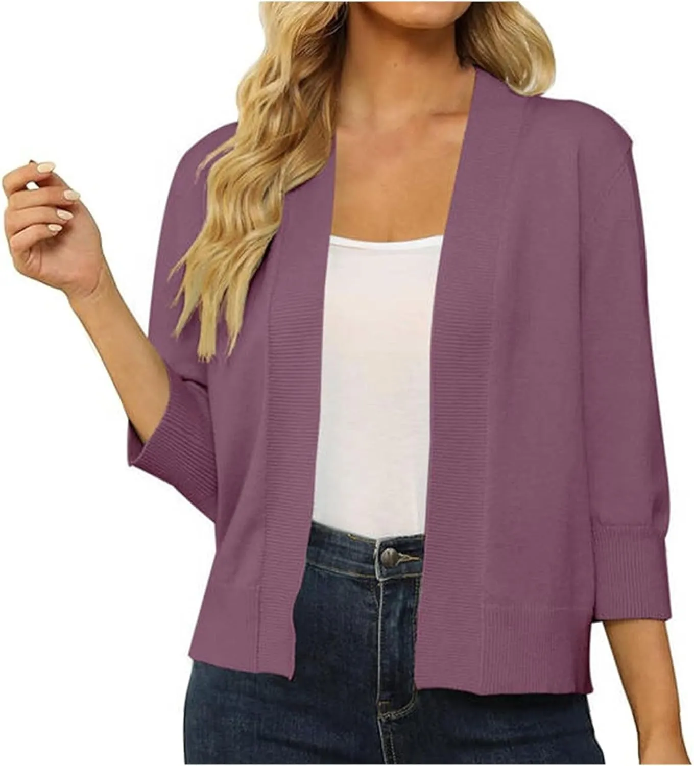 Women Elegant Knit Cropped Cardigan 3/4 Sleeve Lightweight Comfy Shrugs Fall Casual Solid Open Front Bolero Outwear
