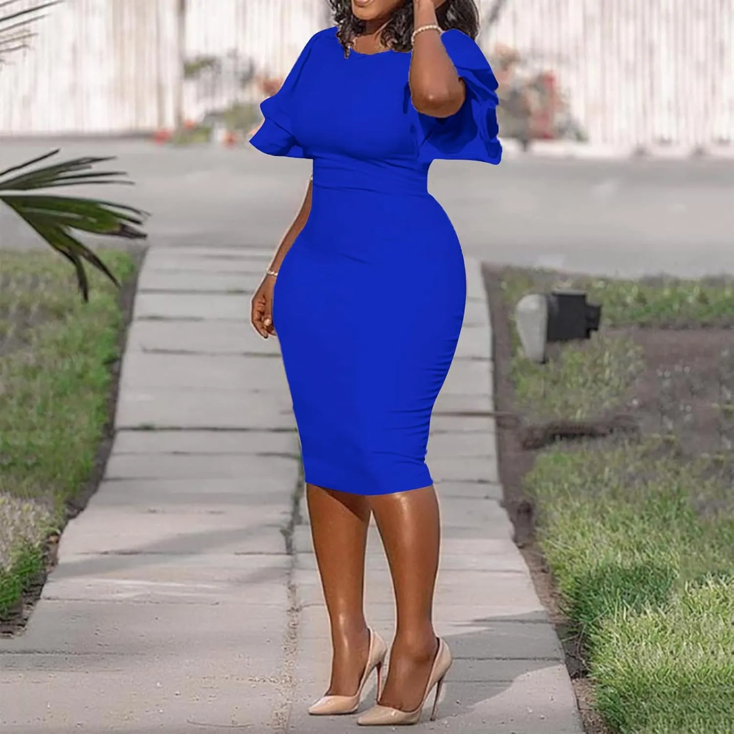 Women Elegant Midi Pencil Dress Ruffle Sleeve Round Neck Bodycon Cocktail Party Formal Dress