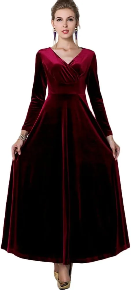 Women Elegant Velvet Long Dress Evening Party Dancing Dress Christmas Maxi Dress