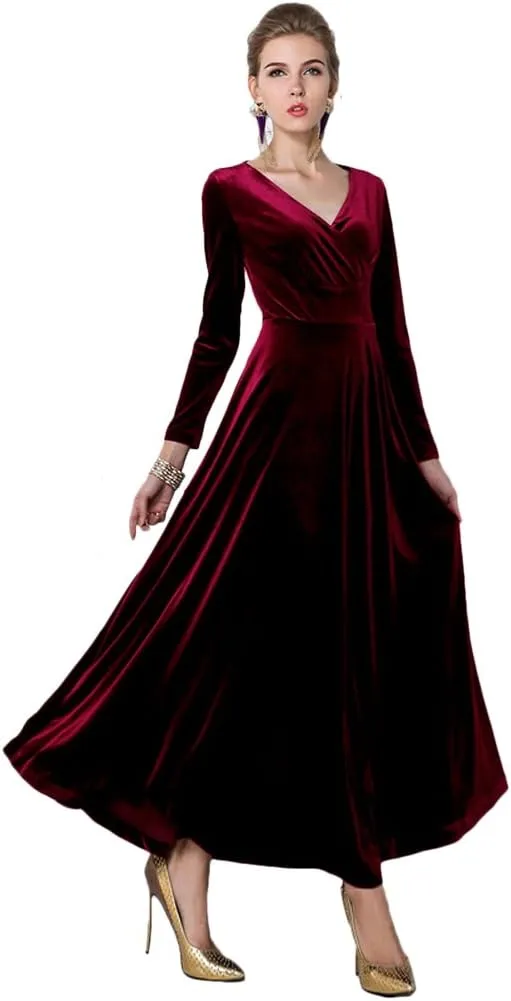Women Elegant Velvet Long Dress Evening Party Dancing Dress Christmas Maxi Dress