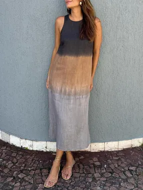 Women's casual cotton and linen sleeveless slit gradient tie-dye long dress