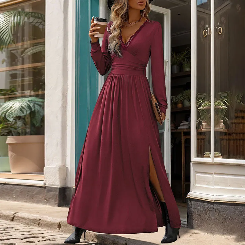 Women's Deep V-Neck Slit Slim-fitting Elegant Dress
