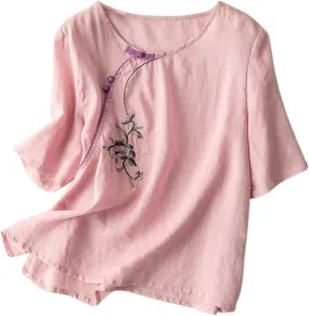 Womens Embroidered Shirt V Neck Long Sleeve Cotton Linen Summer Casual Dressy Blouse Tops Loose Tshirt