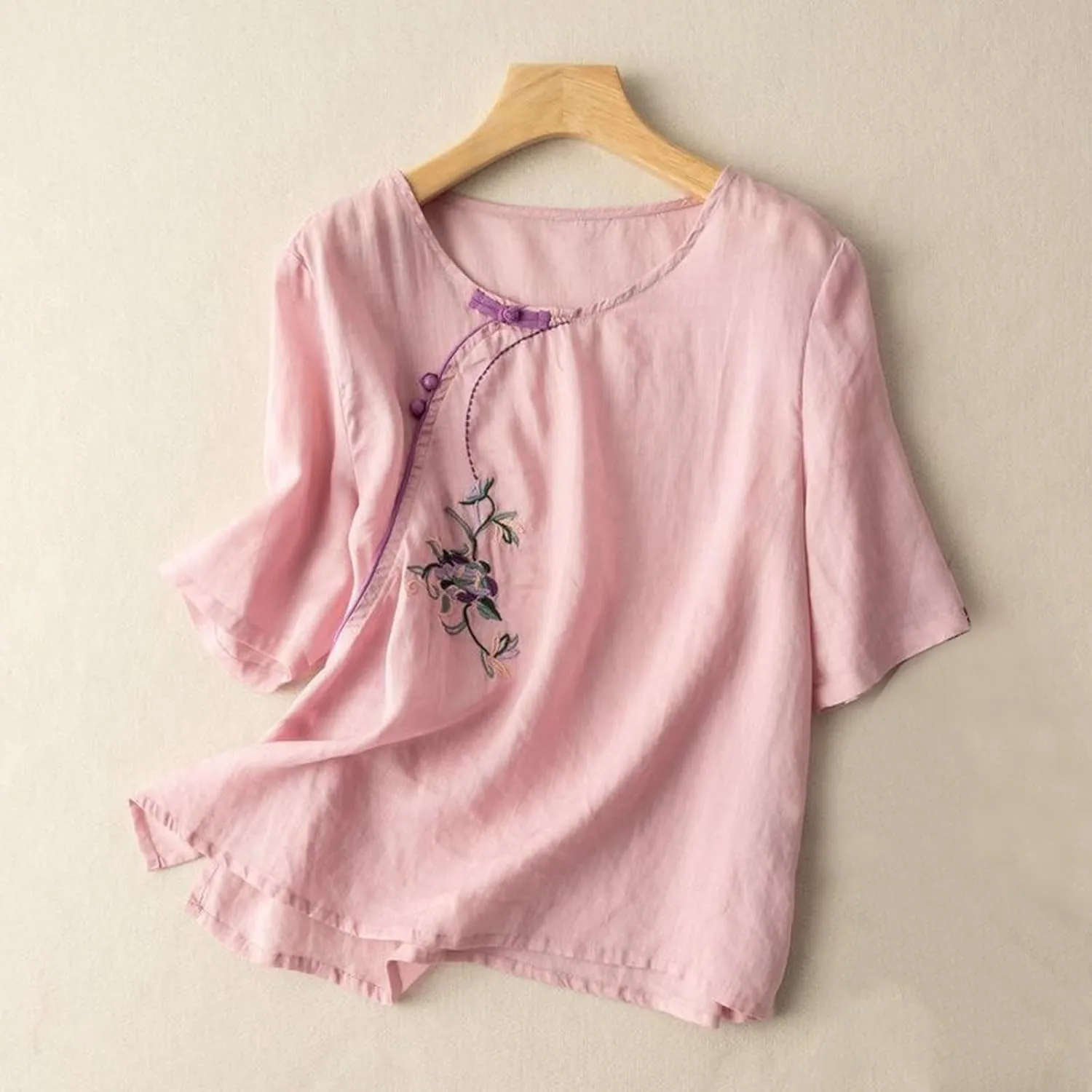 Womens Embroidered Shirt V Neck Long Sleeve Cotton Linen Summer Casual Dressy Blouse Tops Loose Tshirt