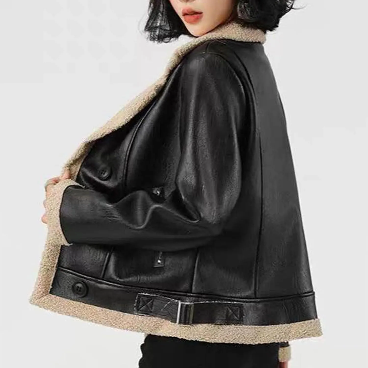Women's Faux Leather Jacket Sherpa Fleece Lined Winter Coat Thicken Warm Zip Up Lapel Moto Bomber Biker Jackets