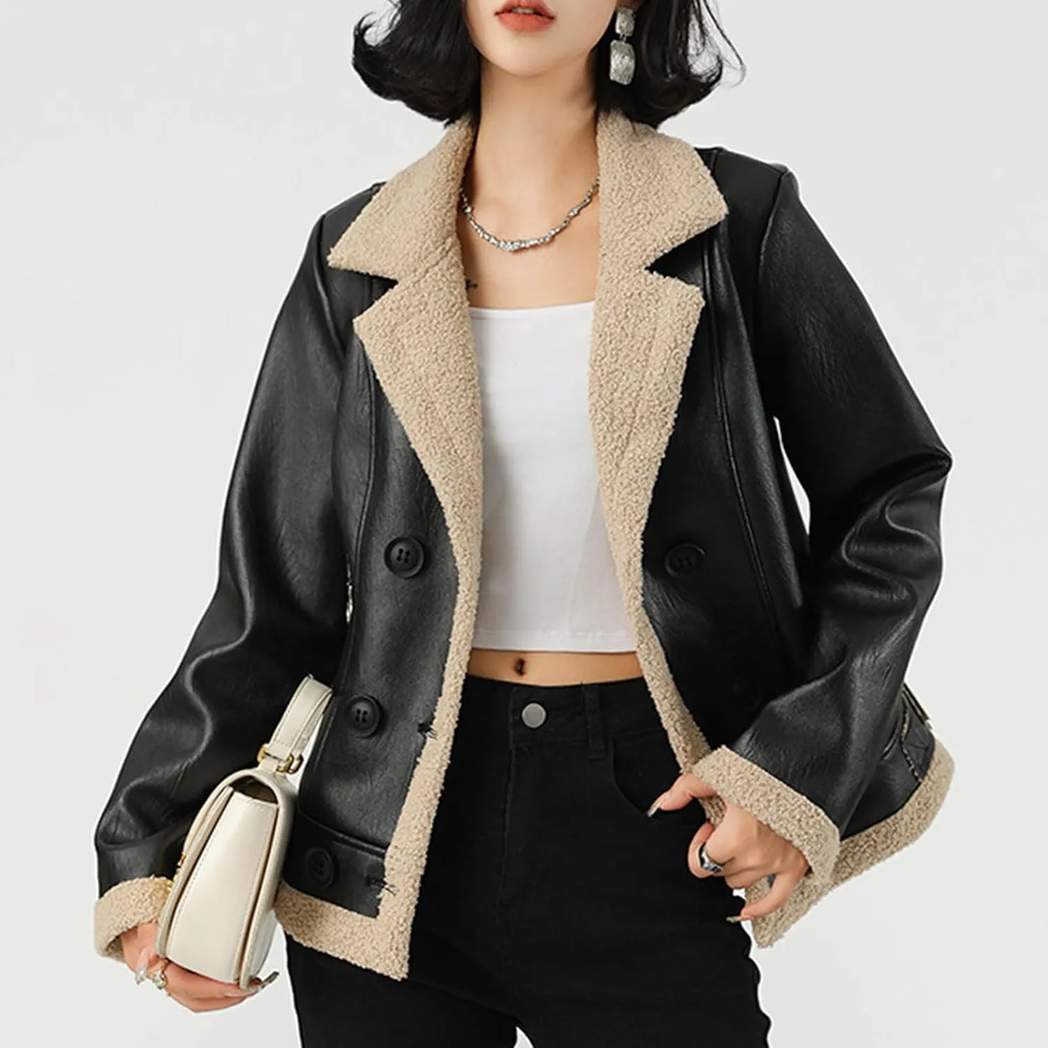 Women's Faux Leather Jacket Sherpa Fleece Lined Winter Coat Thicken Warm Zip Up Lapel Moto Bomber Biker Jackets
