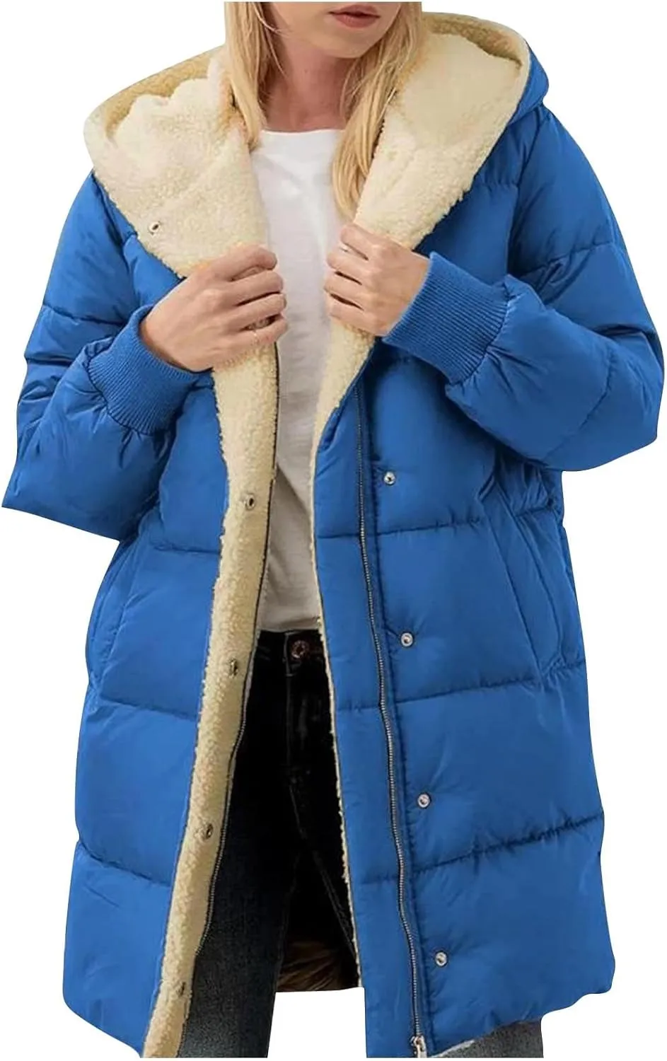 Womens Hooded Long Quilted Coat Maxi Length Long Sleeve Puffer Jacket Warm Padded Coat Thick Winter Outerwear 2024