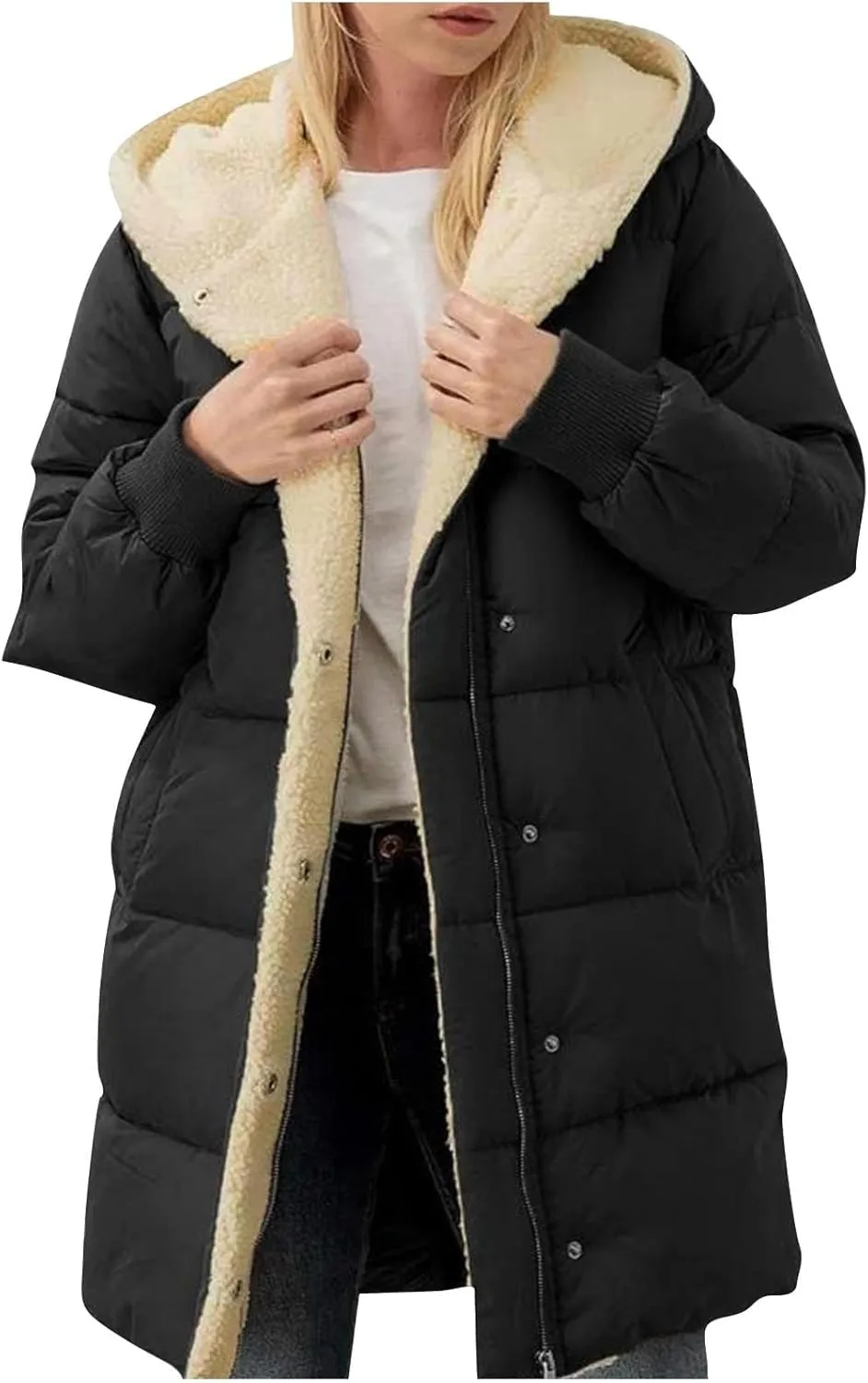 Womens Hooded Long Quilted Coat Maxi Length Long Sleeve Puffer Jacket Warm Padded Coat Thick Winter Outerwear 2024