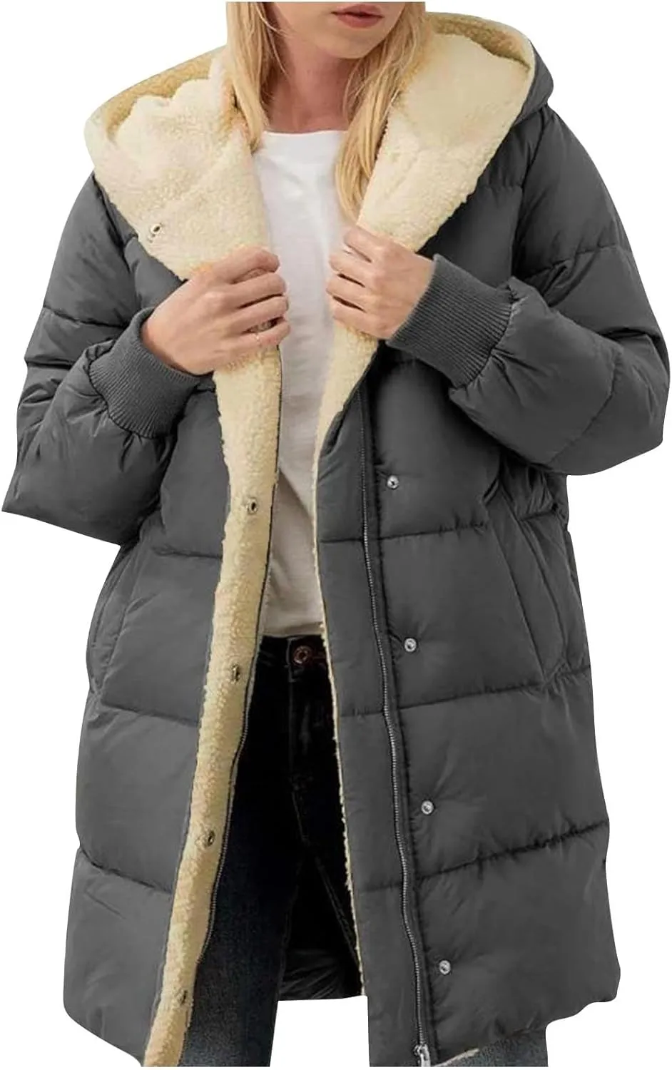 Womens Hooded Long Quilted Coat Maxi Length Long Sleeve Puffer Jacket Warm Padded Coat Thick Winter Outerwear 2024