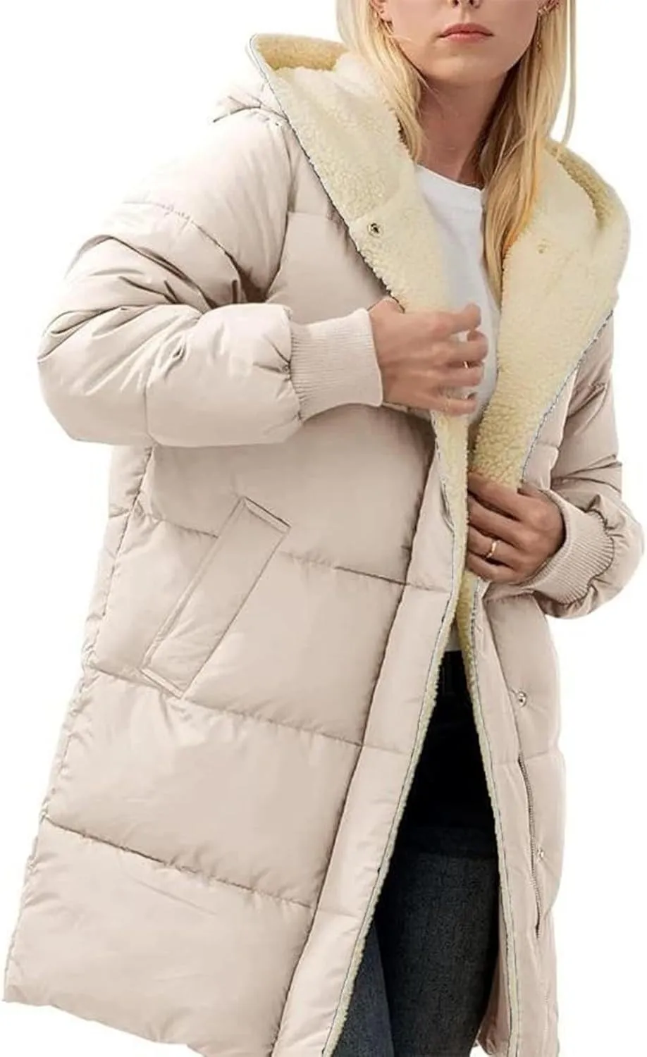 Womens Hooded Long Quilted Coat Maxi Length Long Sleeve Puffer Jacket Warm Padded Coat Thick Winter Outerwear 2024