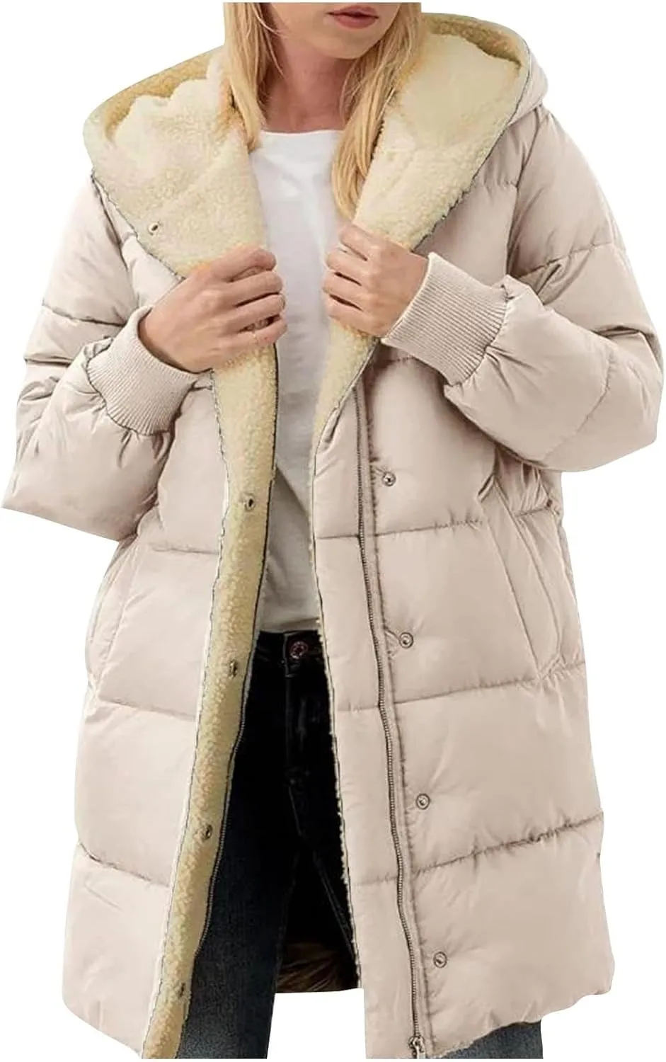 Womens Hooded Long Quilted Coat Maxi Length Long Sleeve Puffer Jacket Warm Padded Coat Thick Winter Outerwear 2024