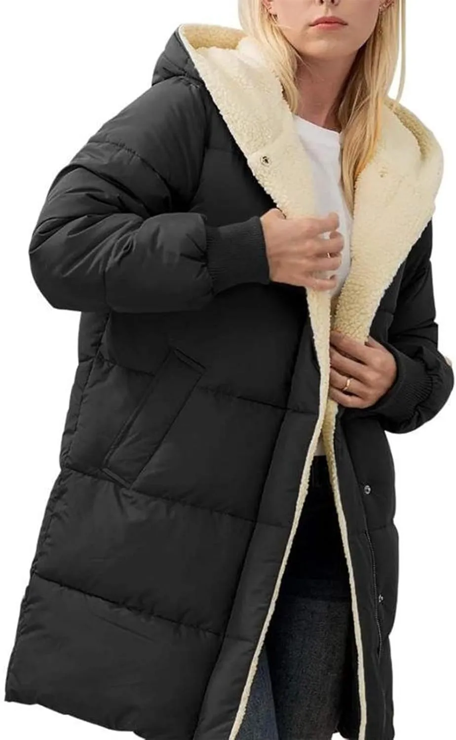 Womens Hooded Long Quilted Coat Maxi Length Long Sleeve Puffer Jacket Warm Padded Coat Thick Winter Outerwear 2024