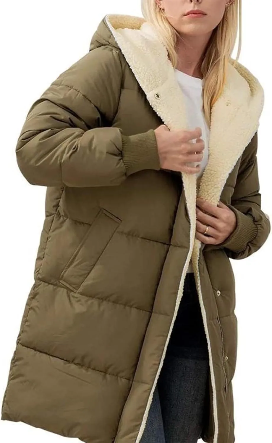 Womens Hooded Long Quilted Coat Maxi Length Long Sleeve Puffer Jacket Warm Padded Coat Thick Winter Outerwear 2024