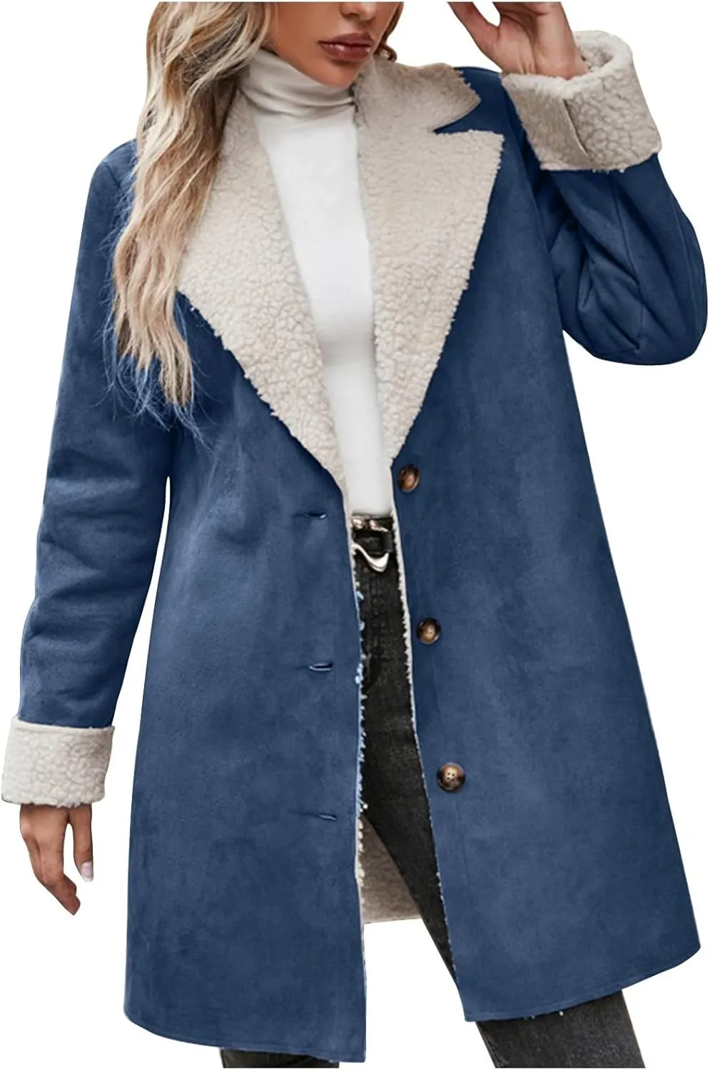 Womens Suede Jacket Warm Fleece Teddy Fuzzy Wool Biker Fur Jackets Coats Loose Sherpa Outerwear Cardigan