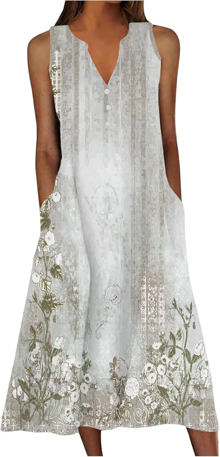 Womens Summer Design Casual Dress Fashion Floral Printed Elegant Dress Sleeveless V-Neck Long Dress with Pockets