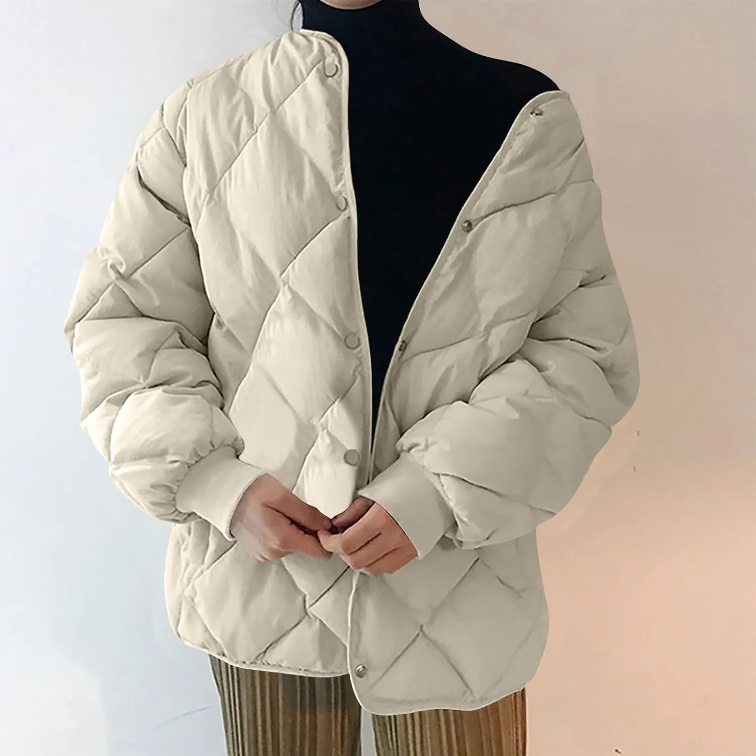 Womens Winter Jacket Classic Snap Quilted Puffer Jacket Loose Fit Down Coats Thicken Warm Checkered Puffy Outerwear