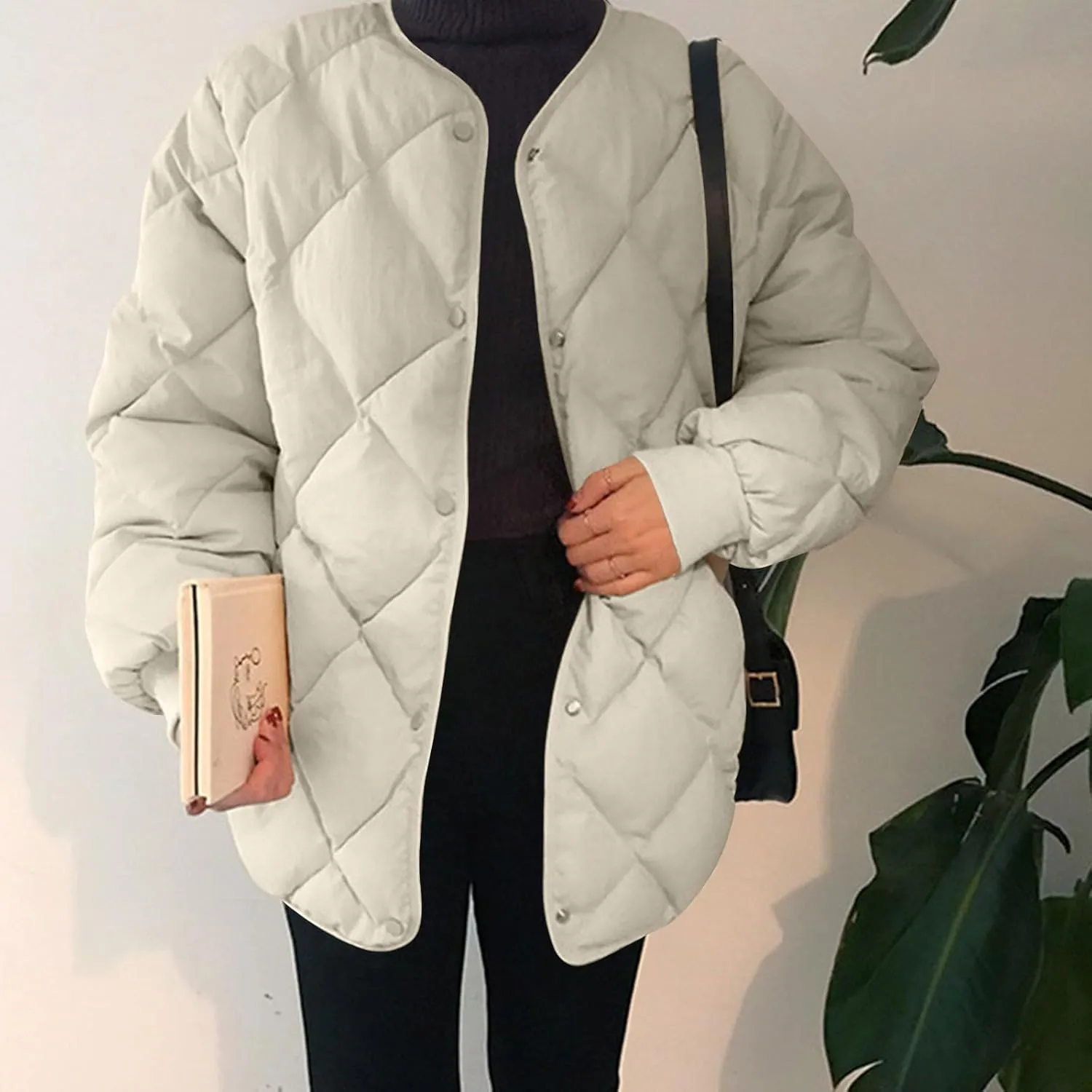 Womens Winter Jacket Classic Snap Quilted Puffer Jacket Loose Fit Down Coats Thicken Warm Checkered Puffy Outerwear