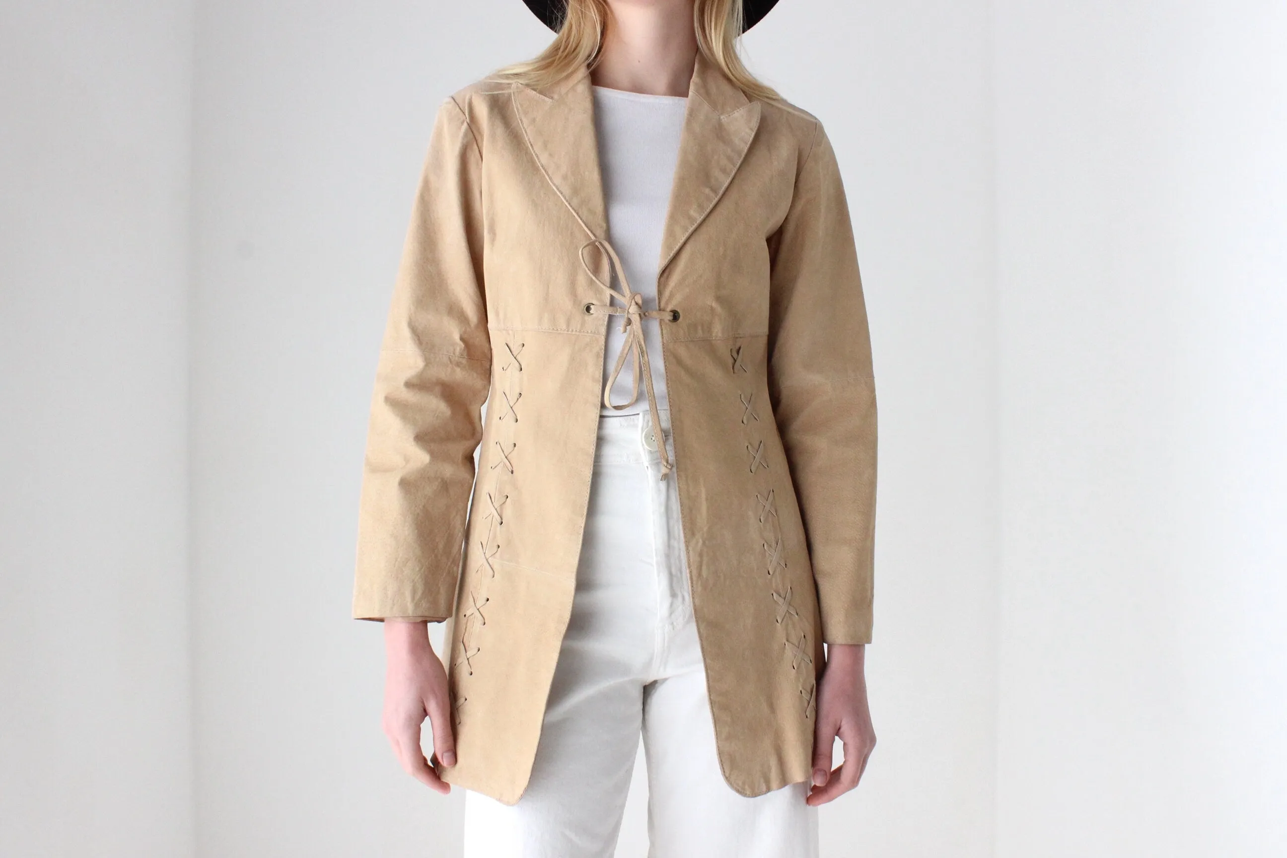 Y2K Britney Vibe Caramel Suede Coat w/ Cowgirl Lace Up