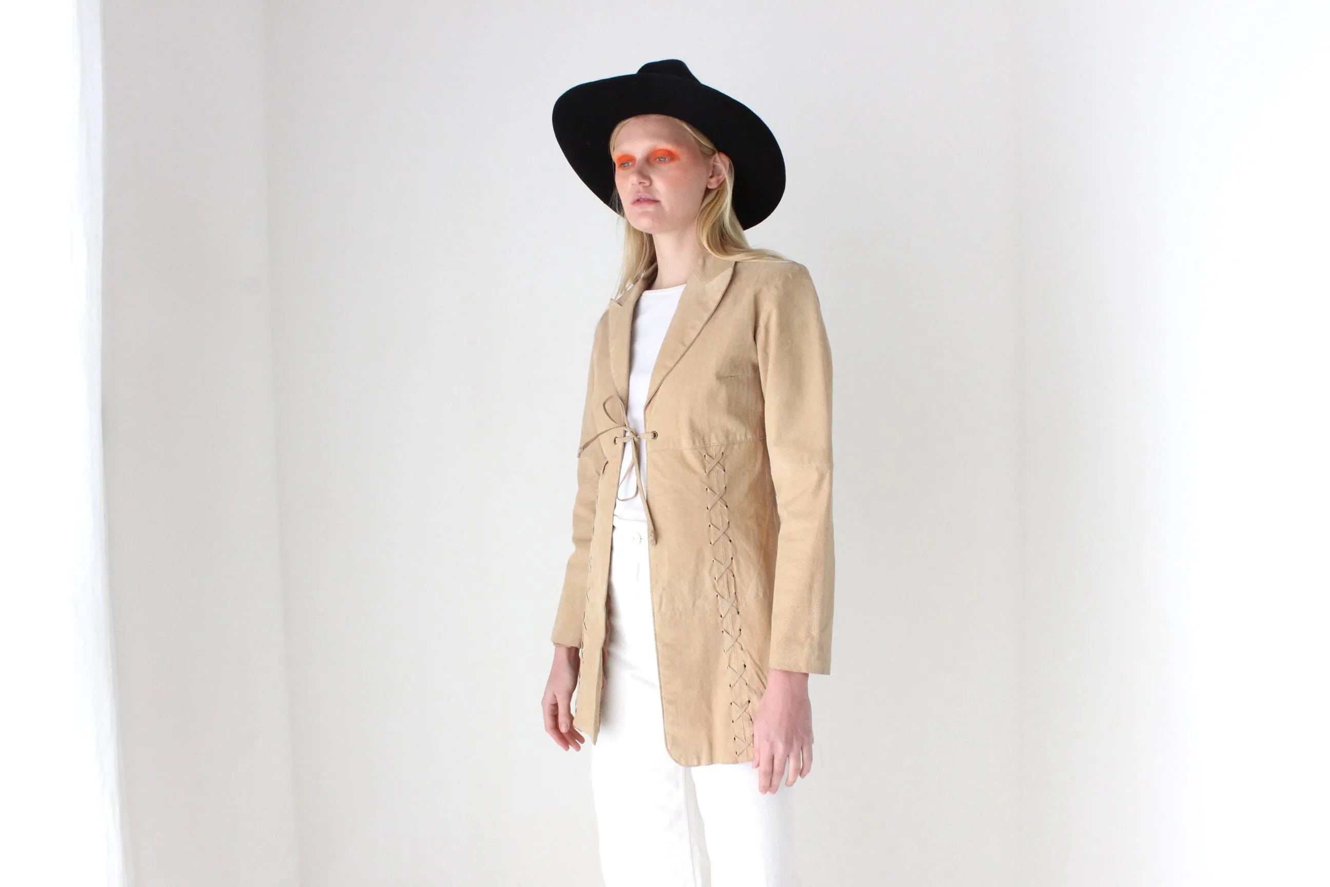 Y2K Britney Vibe Caramel Suede Coat w/ Cowgirl Lace Up