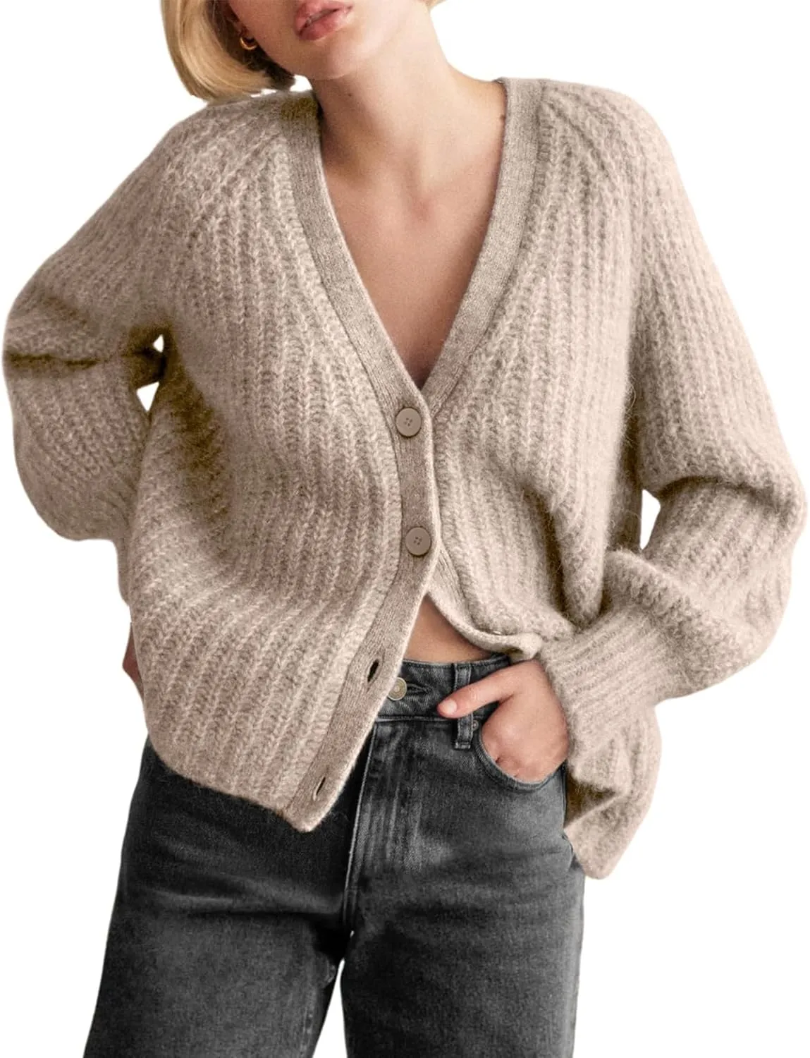 Yimoon Womens Cardigan Sweater Button Down Long Sleeve Chunky Knit Sweater Top V Neck Fall Open Front Loose Cardigan