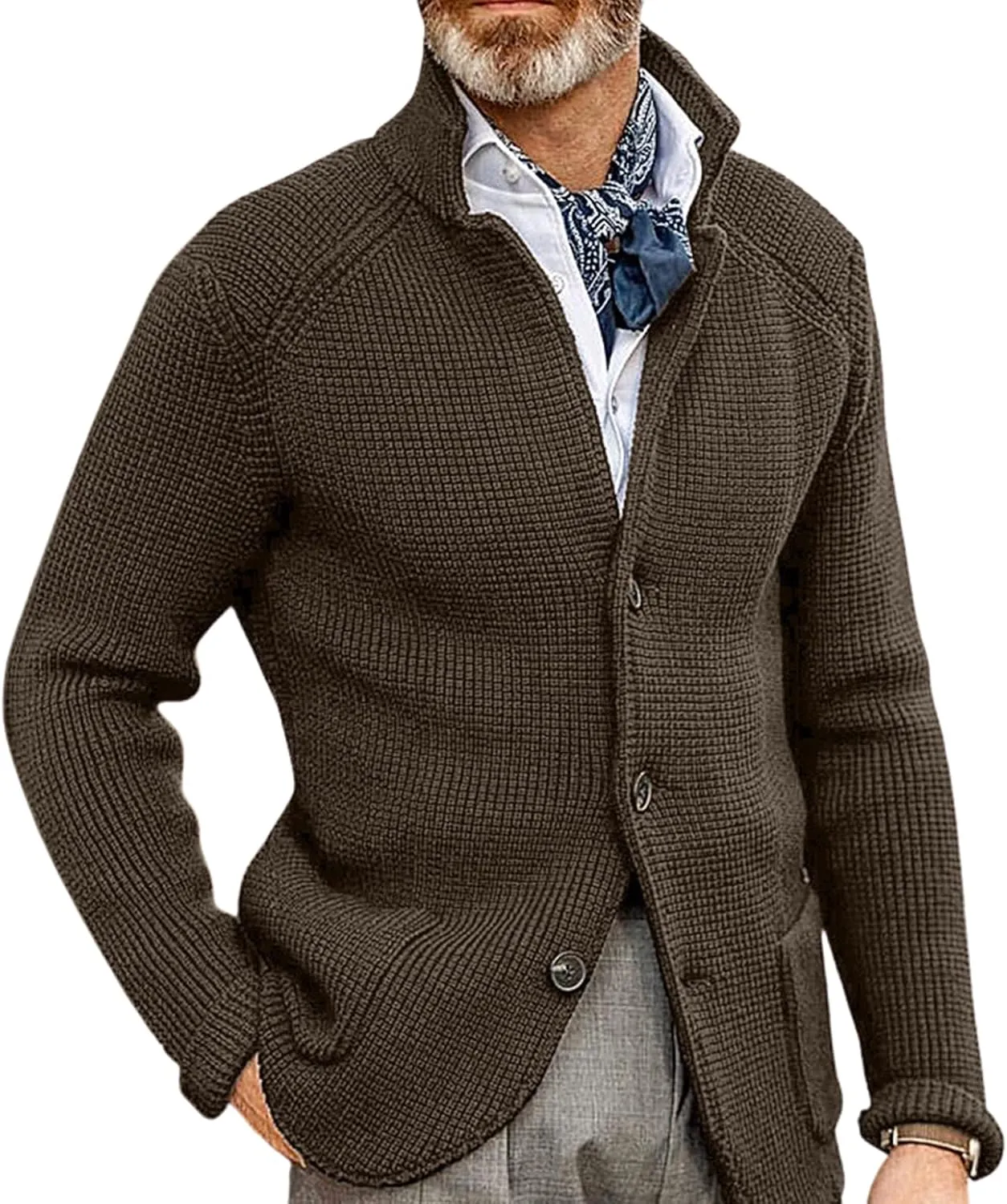 yoeasy Men Stand Collar Chunky Button Down Cardigan Sweater Long Sleeve Slim Fit Ribbed Knitted Sweater with Pockets