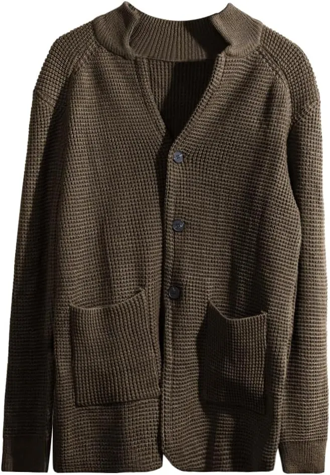 yoeasy Men Stand Collar Chunky Button Down Cardigan Sweater Long Sleeve Slim Fit Ribbed Knitted Sweater with Pockets