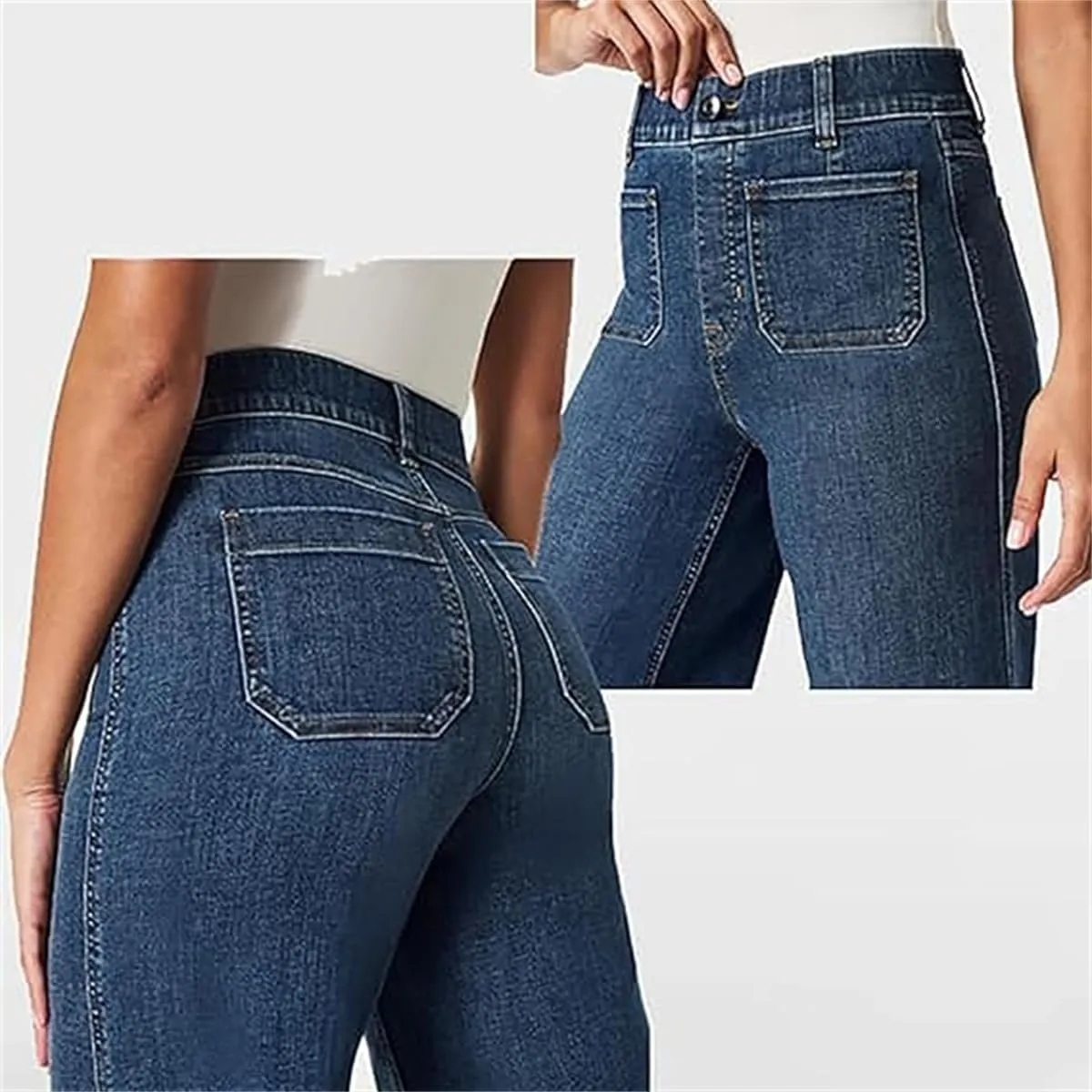 Zelobia Pants, Cropped Wide-Leg Patch Pocket Jeans, Washed Stretch High Waisted Flared for Women