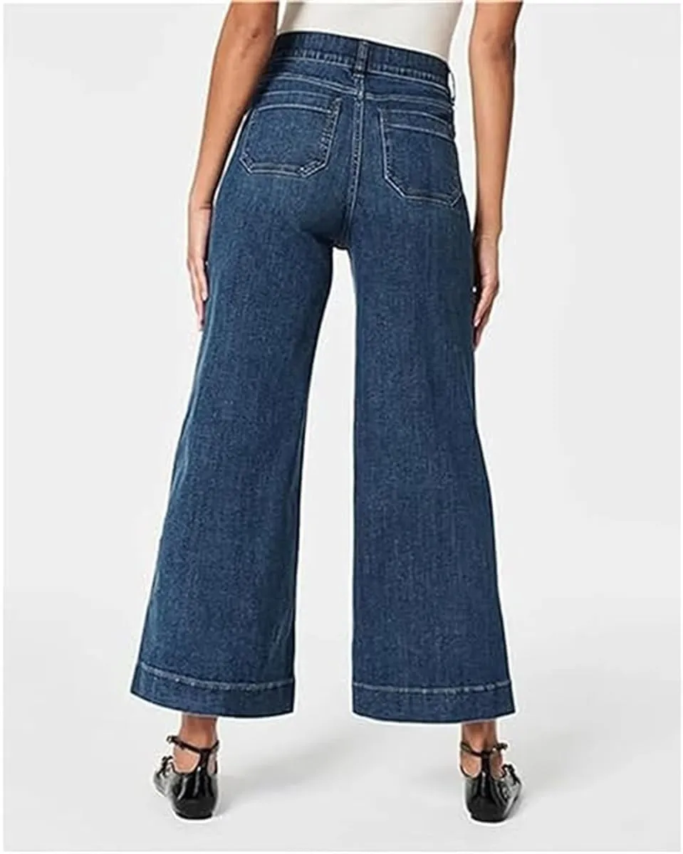 Zelobia Pants, Cropped Wide-Leg Patch Pocket Jeans, Washed Stretch High Waisted Flared for Women