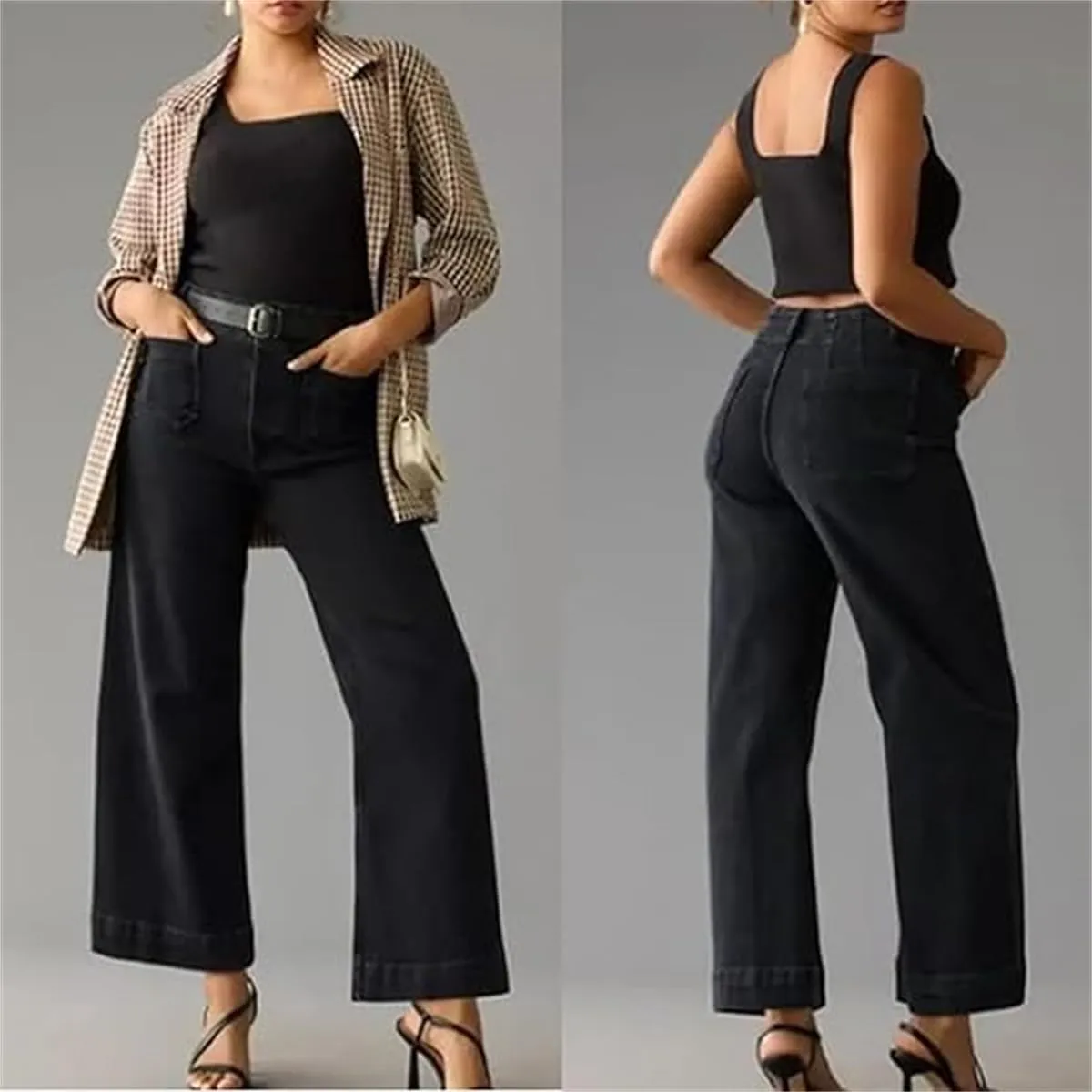 Zelobia Pants, Cropped Wide-Leg Patch Pocket Jeans, Washed Stretch High Waisted Flared for Women