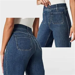 Zelobia Pants, Cropped Wide-Leg Patch Pocket Jeans, Washed Stretch High Waisted Flared for Women