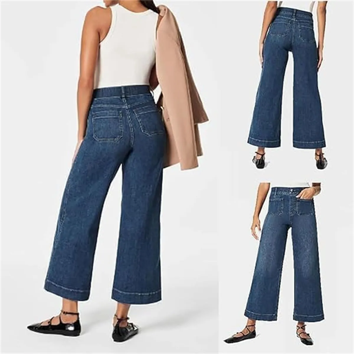 Zelobia Pants, Cropped Wide-Leg Patch Pocket Jeans, Washed Stretch High Waisted Flared for Women