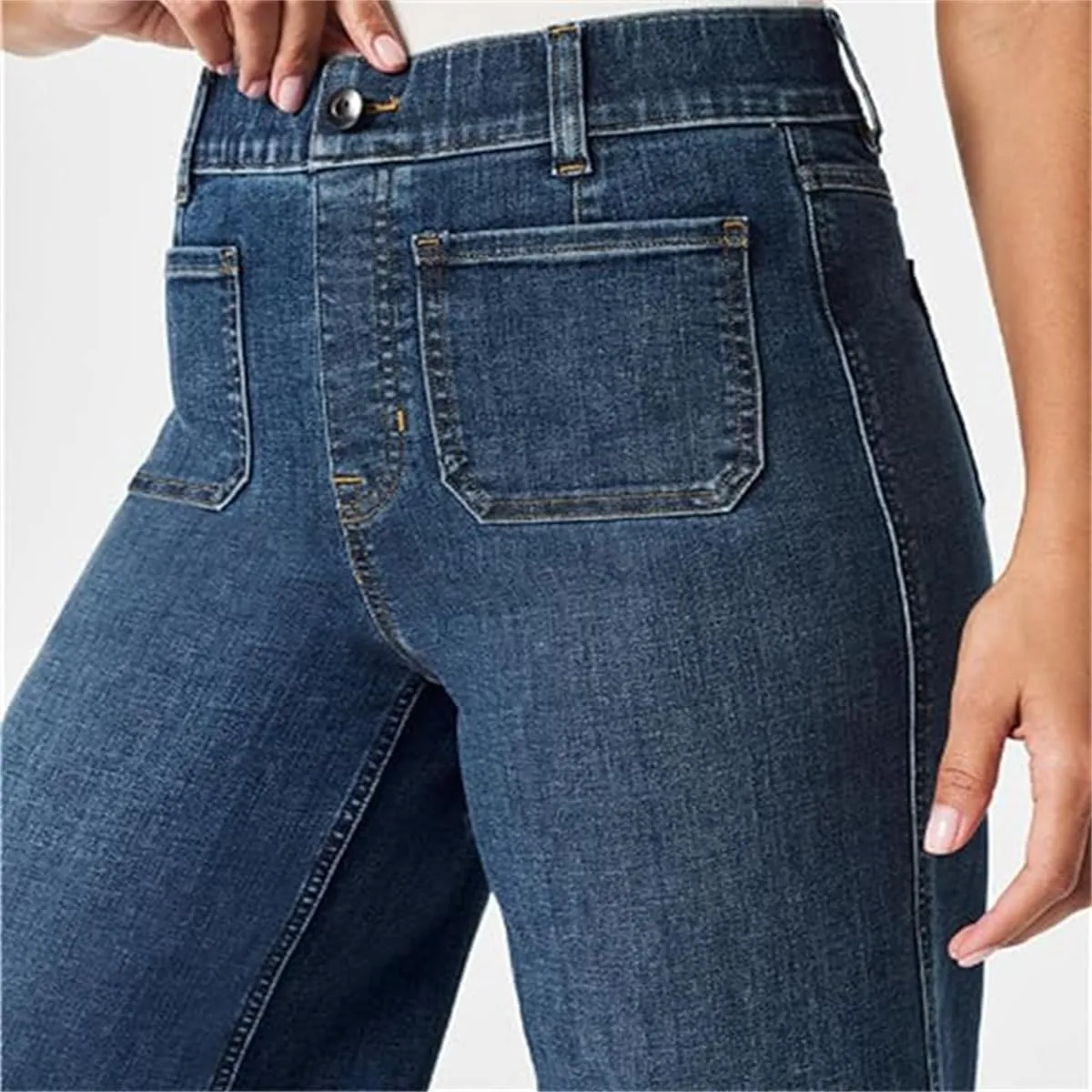 Zelobia Pants, Cropped Wide-Leg Patch Pocket Jeans, Washed Stretch High Waisted Flared for Women